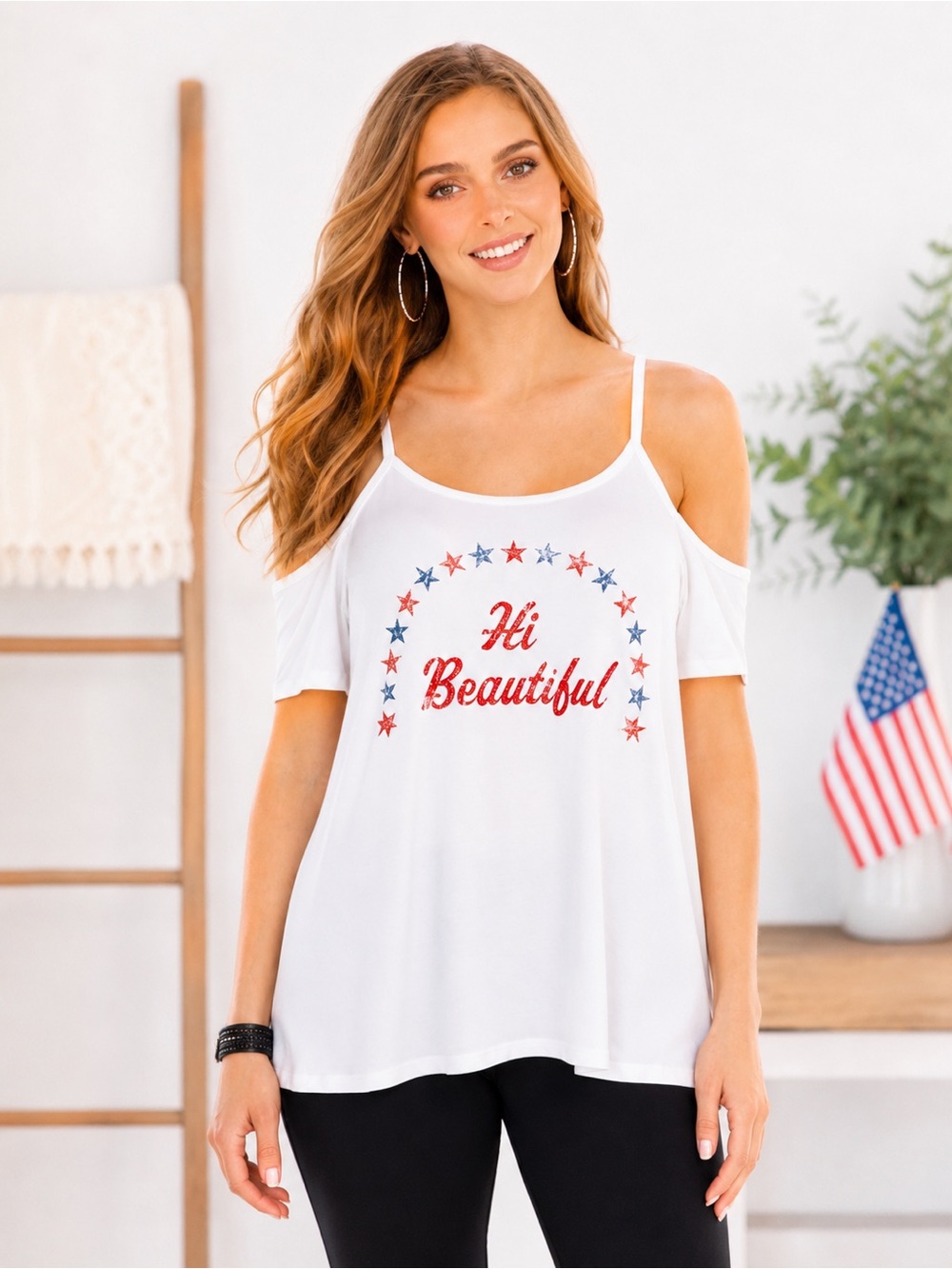 Rock & Republic Cold Shoulder Graphic Tee Hi Beautiful Stars NWT L